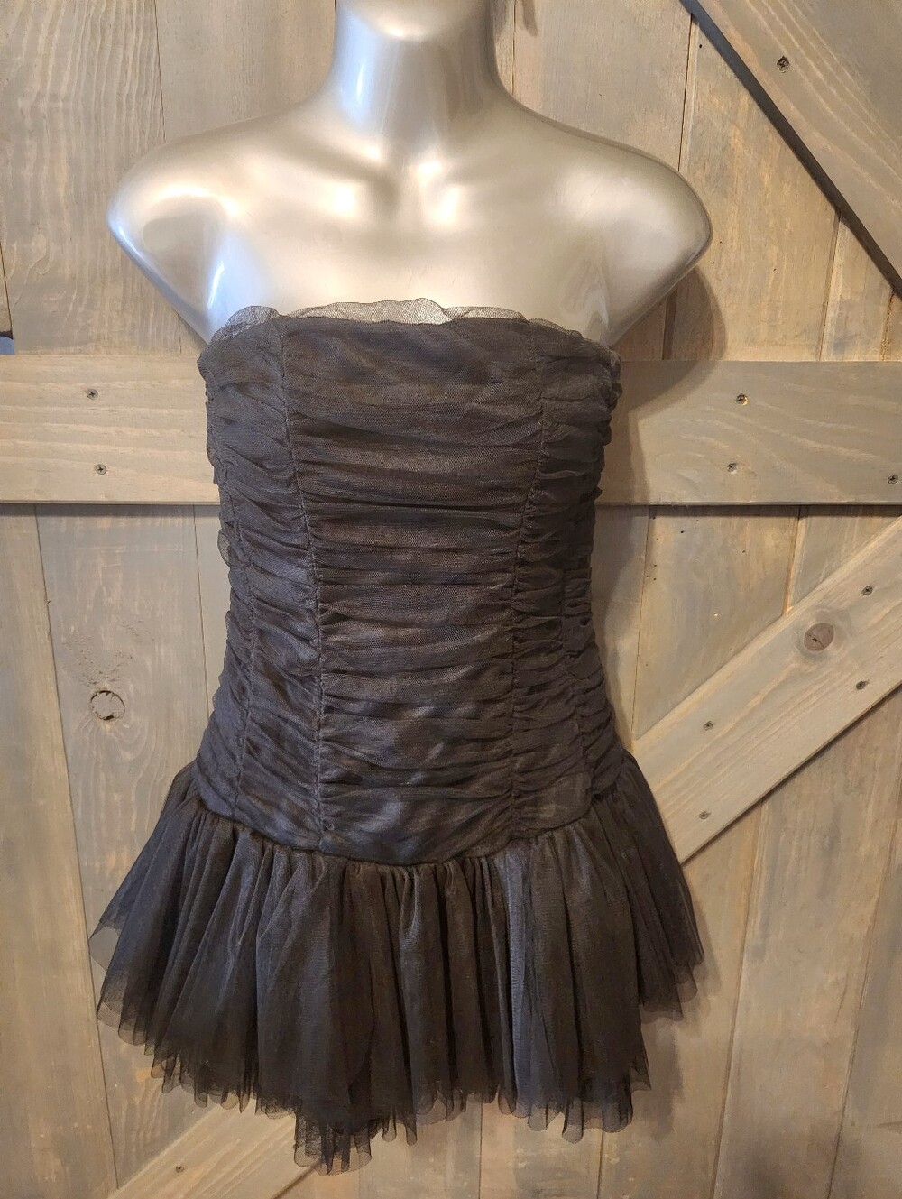 Strapless Black Ruched Tulle Mini Dress